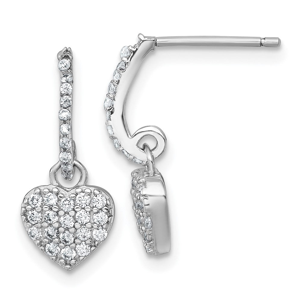 Sterling Silver Rhodium Plated Polished CZ Heart Post Dangle Earrings