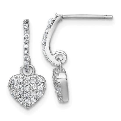 Sterling Silver Rhodium Plated Polished CZ Heart Post Dangle Earrings