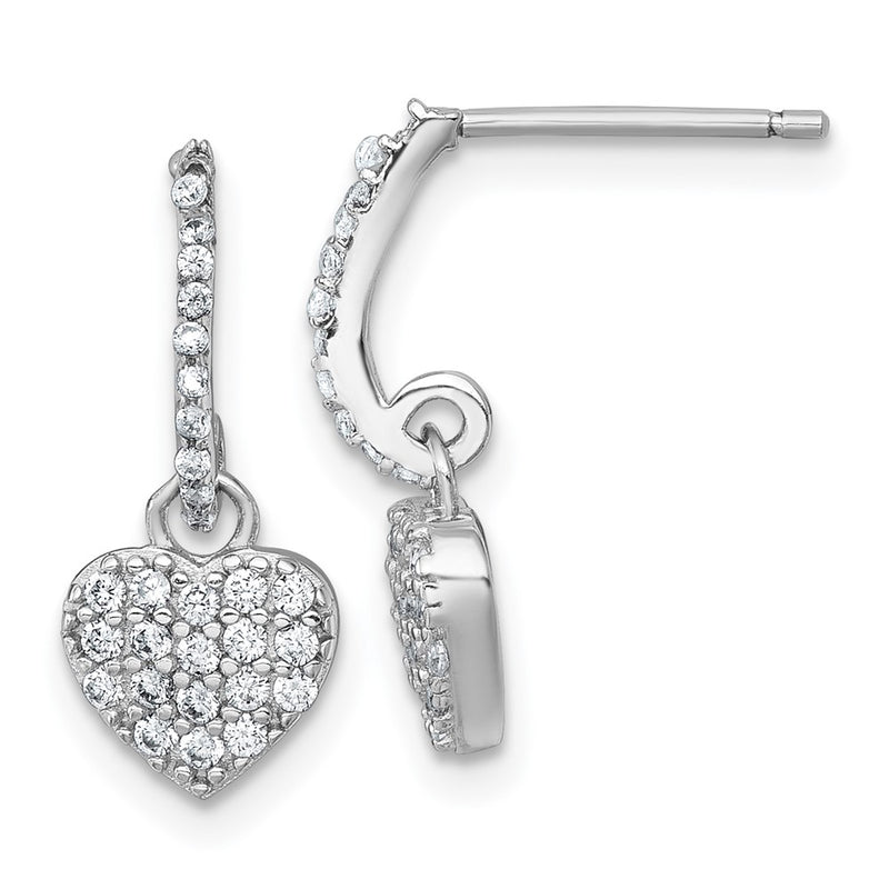 Sterling Silver Rhodium Plated Polished CZ Heart Post Dangle Earrings