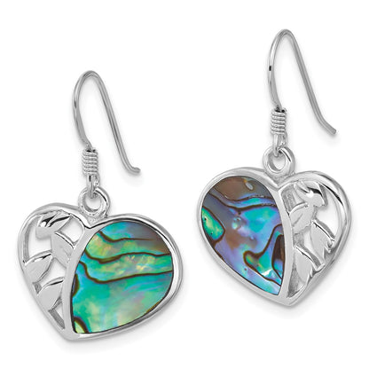 Sterling Silver Rhodium-Plated Polished Abalone Heart Dangle Earrings