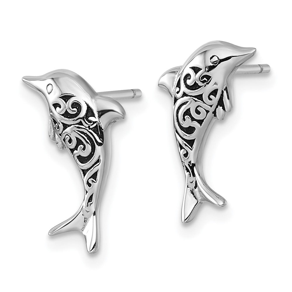 Sterling Silver Rhodium Plated Polished and Oxidized Filigree Dolphin Post Earri