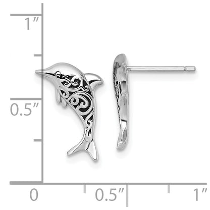 Sterling Silver Rhodium Plated Polished and Oxidized Filigree Dolphin Post Earri