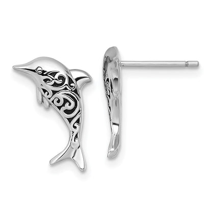 Sterling Silver Rhodium Plated Polished and Oxidized Filigree Dolphin Post Earri