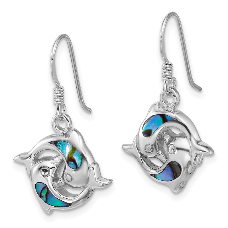Sterling Silver Rhodium Plated Polished Abalone Dolphins Dangle Earrings