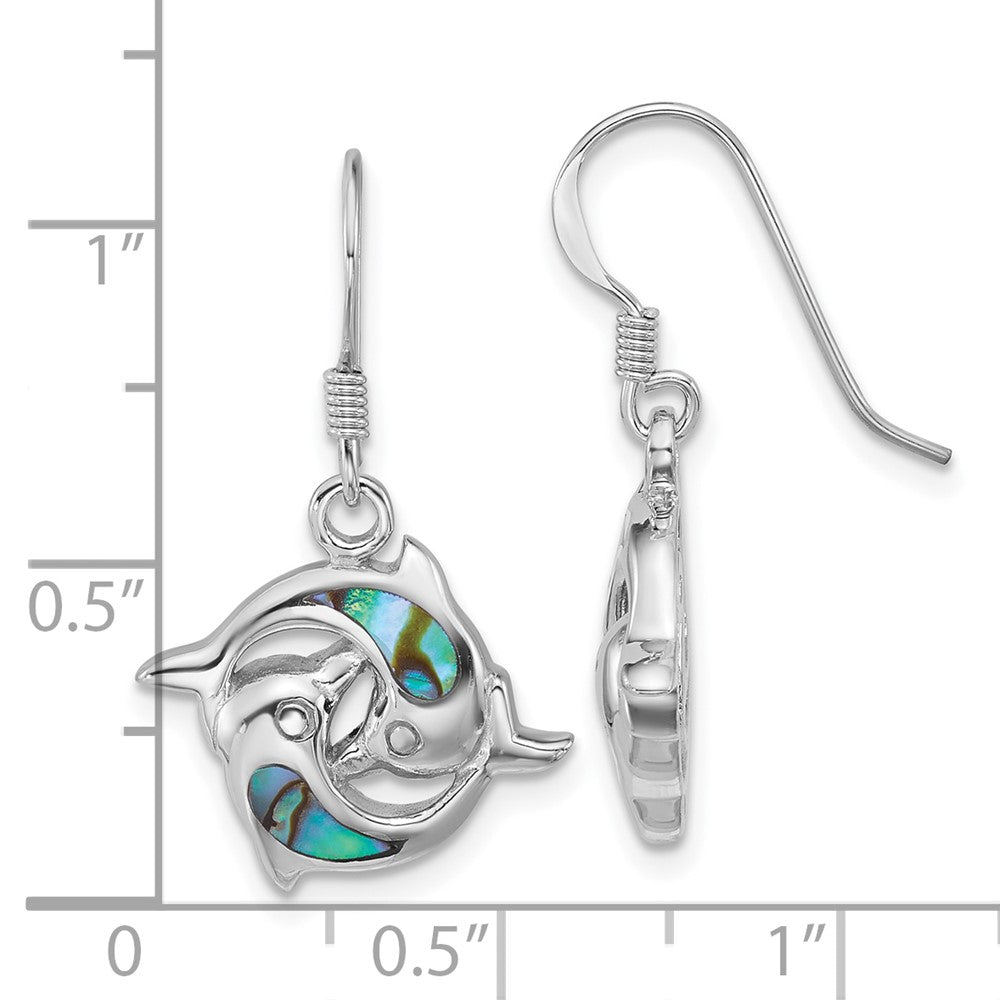 Sterling Silver Rhodium Plated Polished Abalone Dolphins Dangle Earrings
