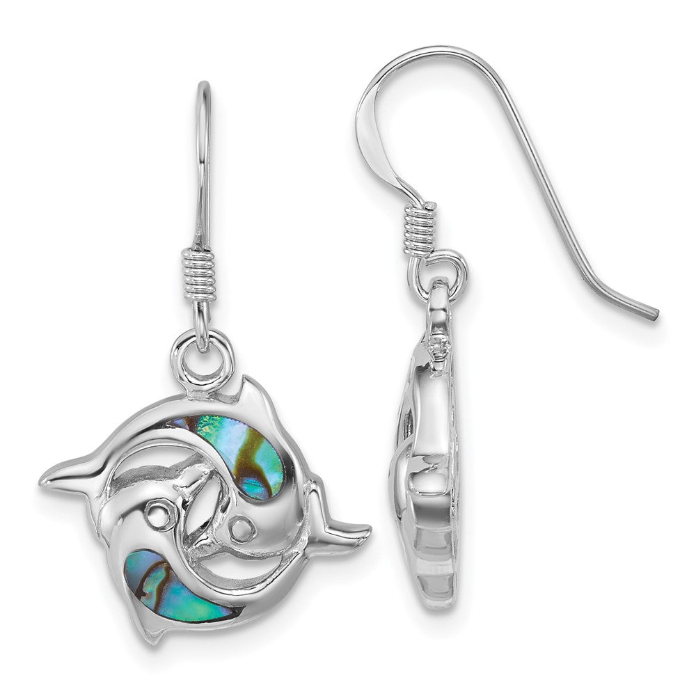 Sterling Silver Rhodium Plated Polished Abalone Dolphins Dangle Earrings