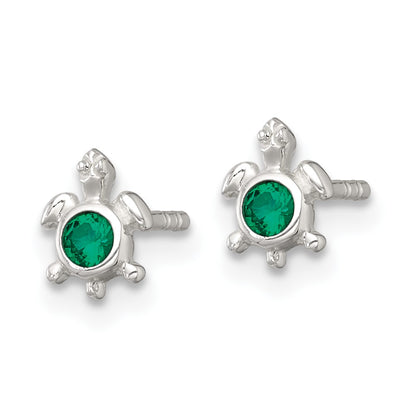 Sterling Silver Polished Green CZ Turtle Post Earrings