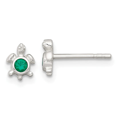 Sterling Silver Polished Green CZ Turtle Post Earrings