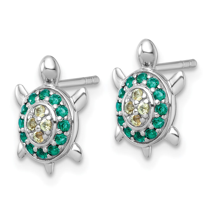 Sterling Silver Rh-Pl Polished Green Yellow Nano Crystals Turtle Post Earri