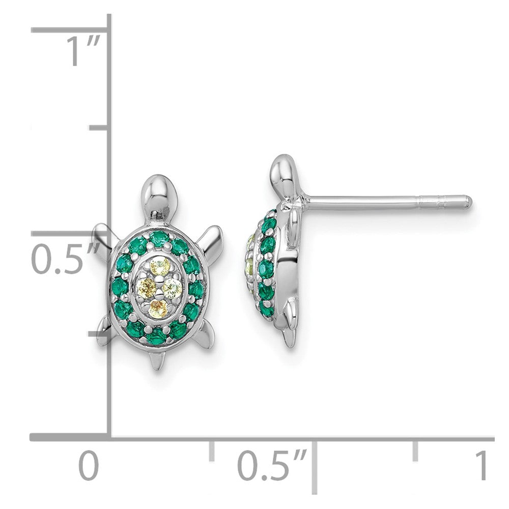 Sterling Silver Rh-Pl Polished Green Yellow Nano Crystals Turtle Post Earri