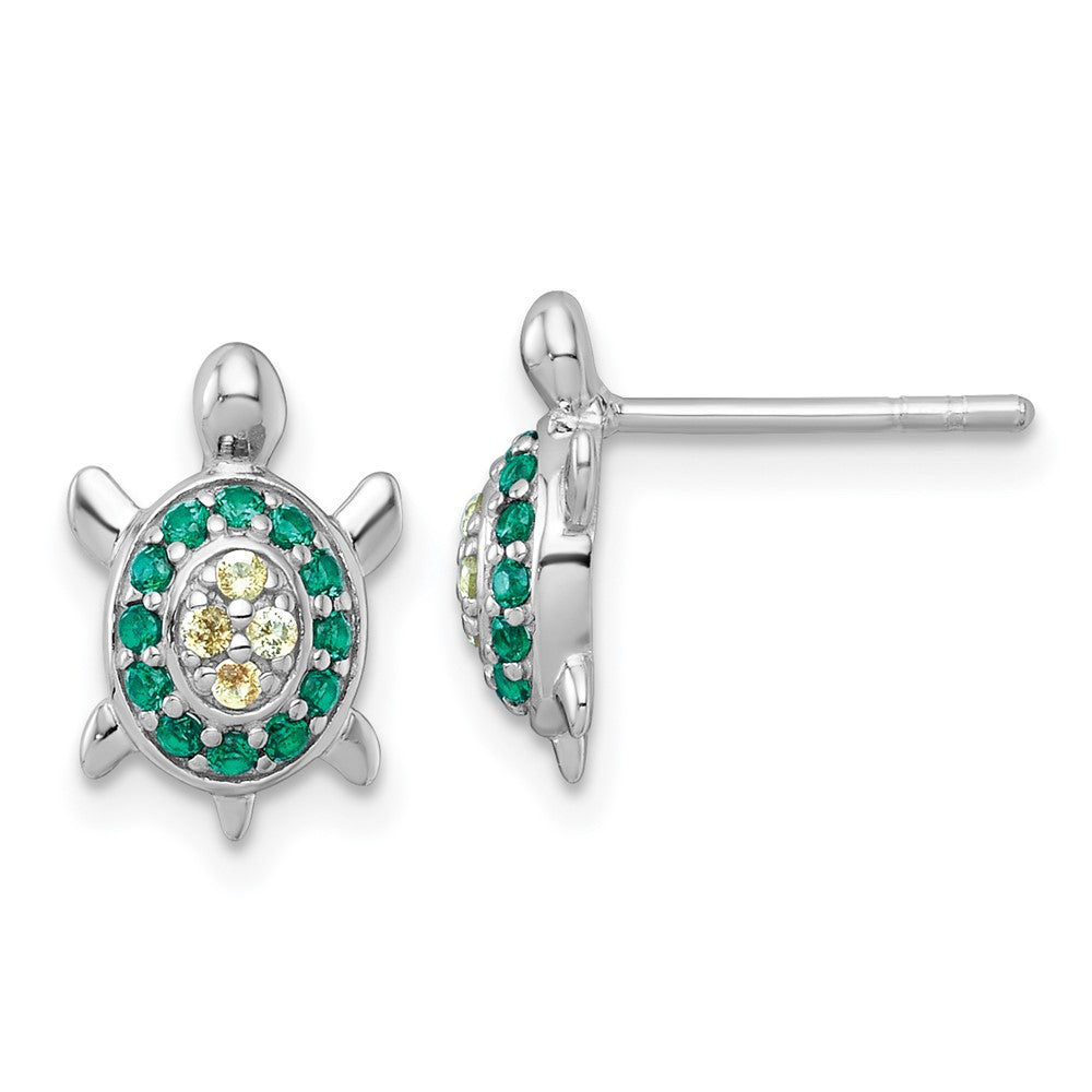 Sterling Silver Rh-Pl Polished Green Yellow Nano Crystals Turtle Post Earri