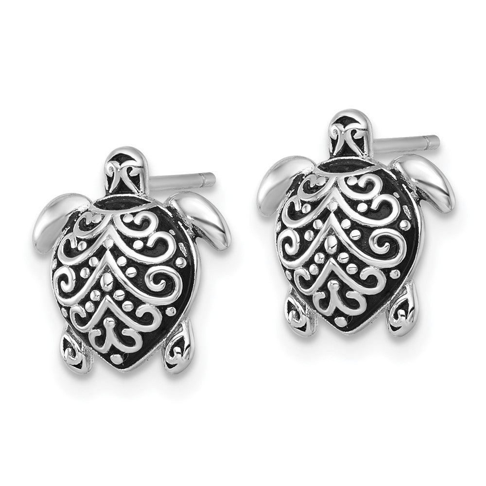Sterling Silver Rhodium Plated Oxidized Filigree Hollow Turtle Post Earrings
