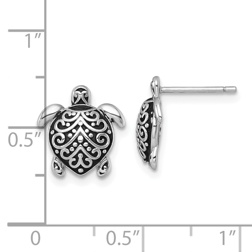 Sterling Silver Rhodium Plated Oxidized Filigree Hollow Turtle Post Earrings