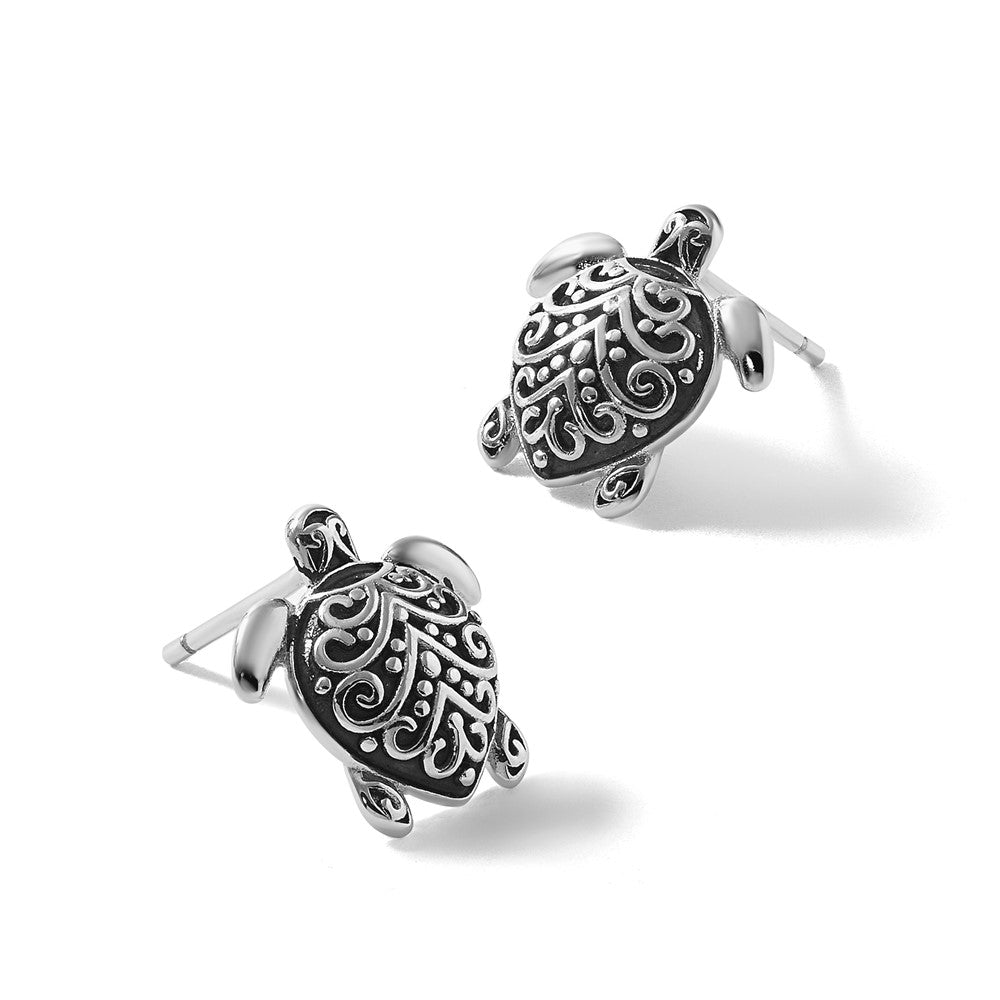 Sterling Silver Rhodium Plated Oxidized Filigree Hollow Turtle Post Earrings