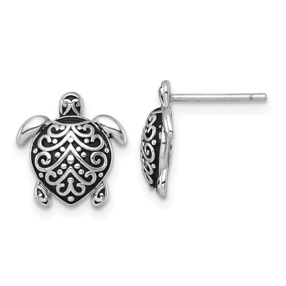 Sterling Silver Rhodium Plated Oxidized Filigree Hollow Turtle Post Earrings