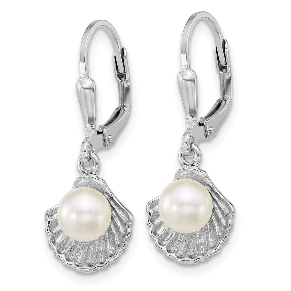 Sterling Silver Rhodium-Plated Sea Shell and Acrylic Pearl Leverback Earrin