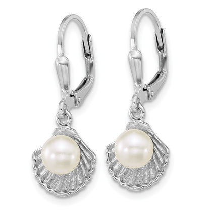 Sterling Silver Rhodium-Plated Sea Shell and Acrylic Pearl Leverback Earrin