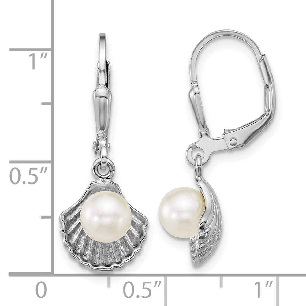 Sterling Silver Rhodium-Plated Sea Shell and Acrylic Pearl Leverback Earrin