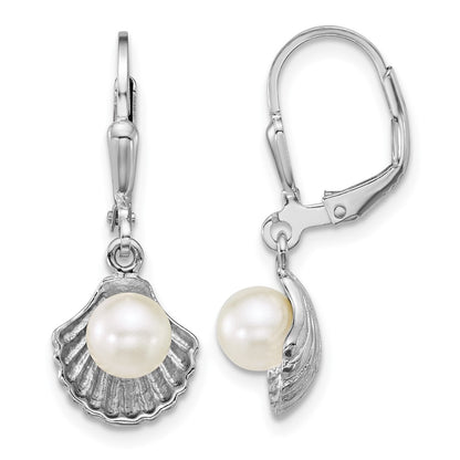 Sterling Silver Rhodium-Plated Sea Shell and Acrylic Pearl Leverback Earrin