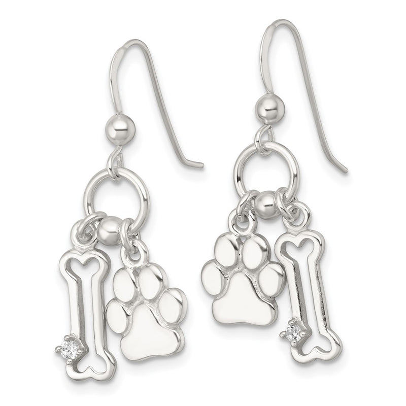 Sterling Silver Polished CZ Bone and Paw Dangle Earrings