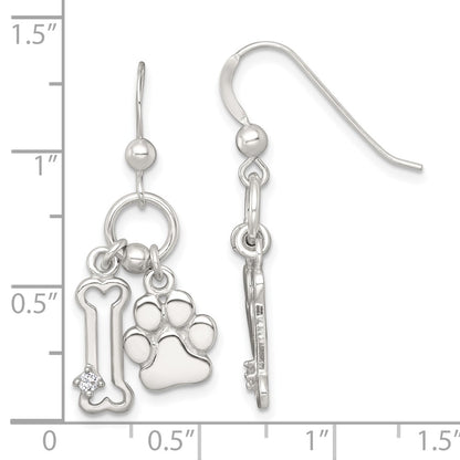 Sterling Silver Polished CZ Bone and Paw Dangle Earrings