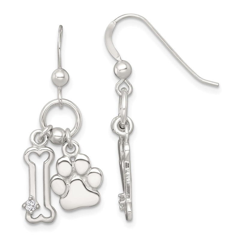 Sterling Silver Polished CZ Bone and Paw Dangle Earrings