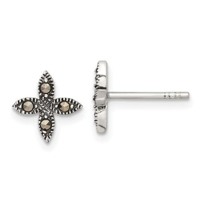 Sterling Silver Antiqued Marcasite Fancy Flower Post Earrings