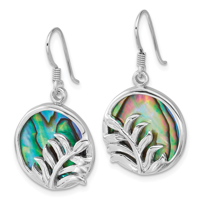 Sterling Silver Rhodium Plated Polish Abalone Round W/leaves Earrings
