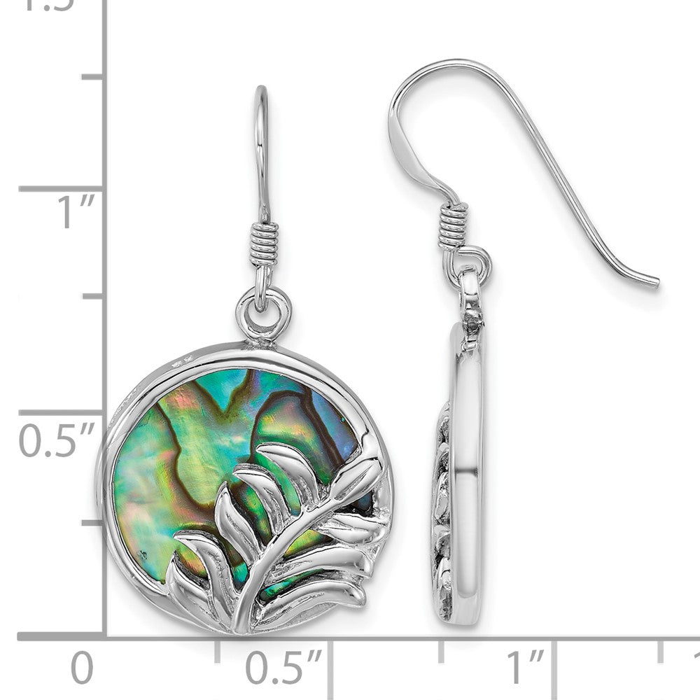 Sterling Silver Rhodium Plated Polish Abalone Round W/leaves Earrings