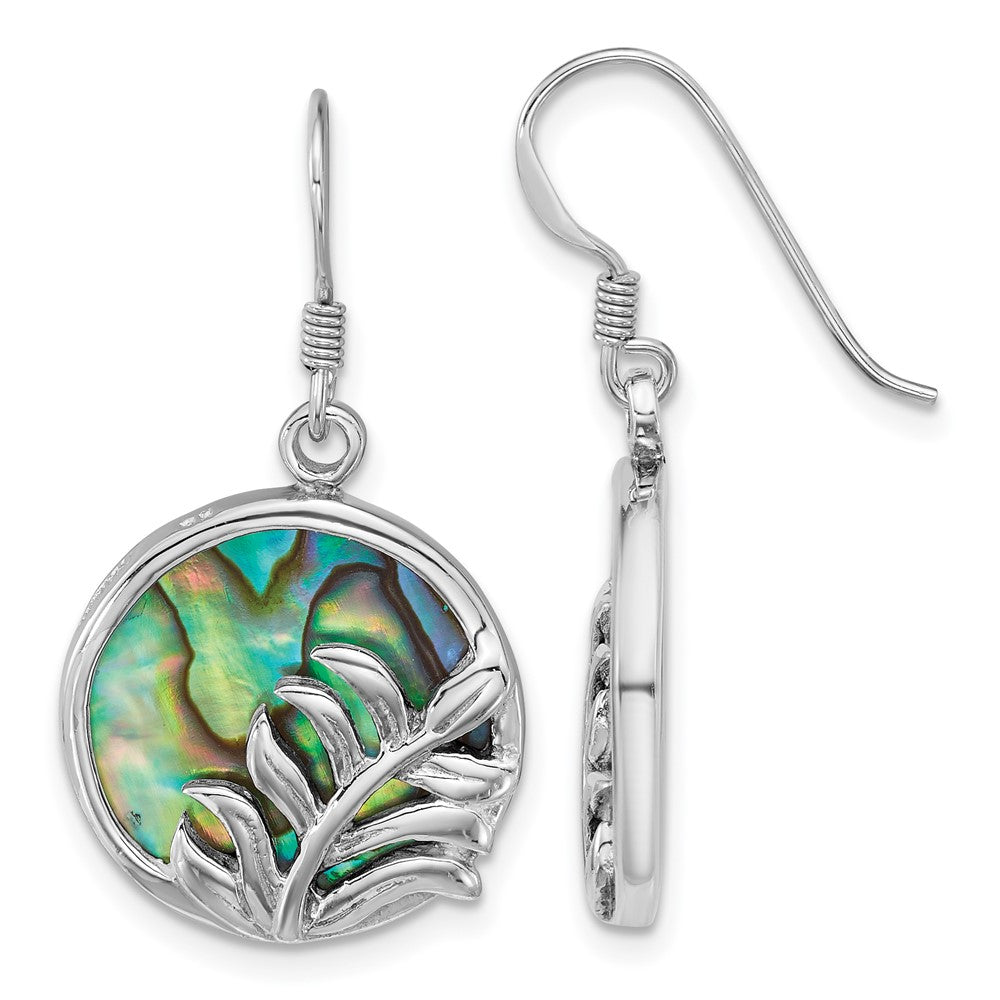Sterling Silver Rhodium Plated Polish Abalone Round W/leaves Earrings