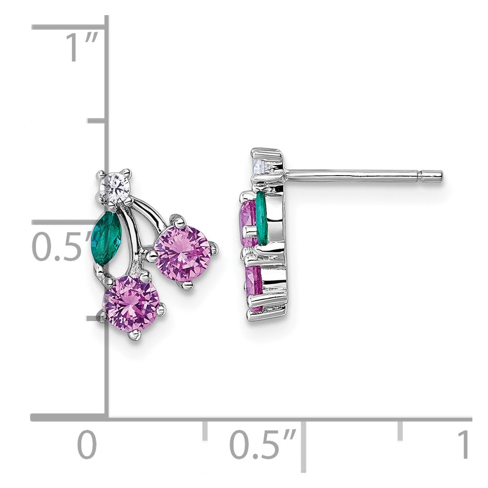 Sterling Silver Rhod-Pl CZ Lab Cr Corundum & Green Glass Cherry Post Earrin
