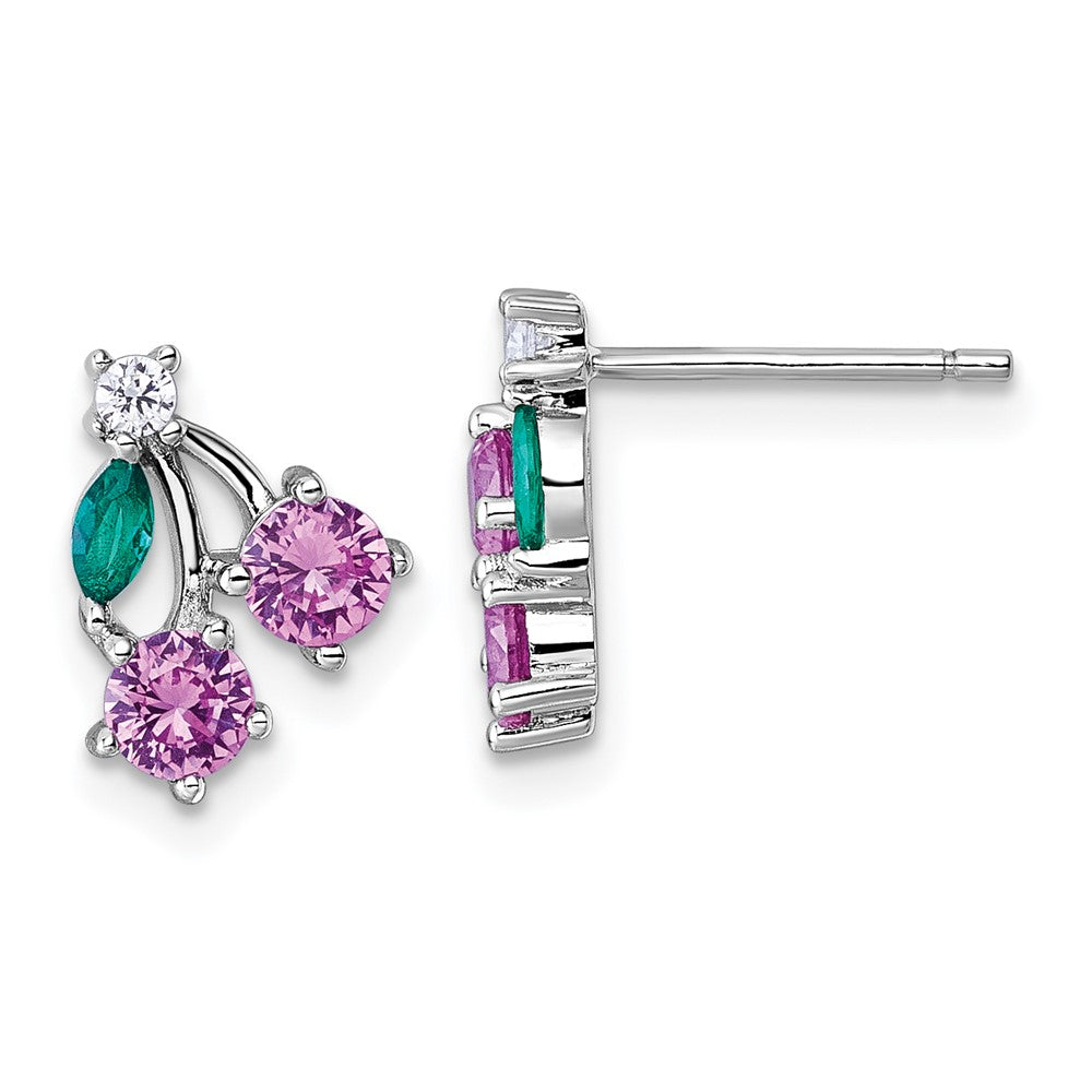 Sterling Silver Rhod-Pl CZ Lab Cr Corundum & Green Glass Cherry Post Earrin