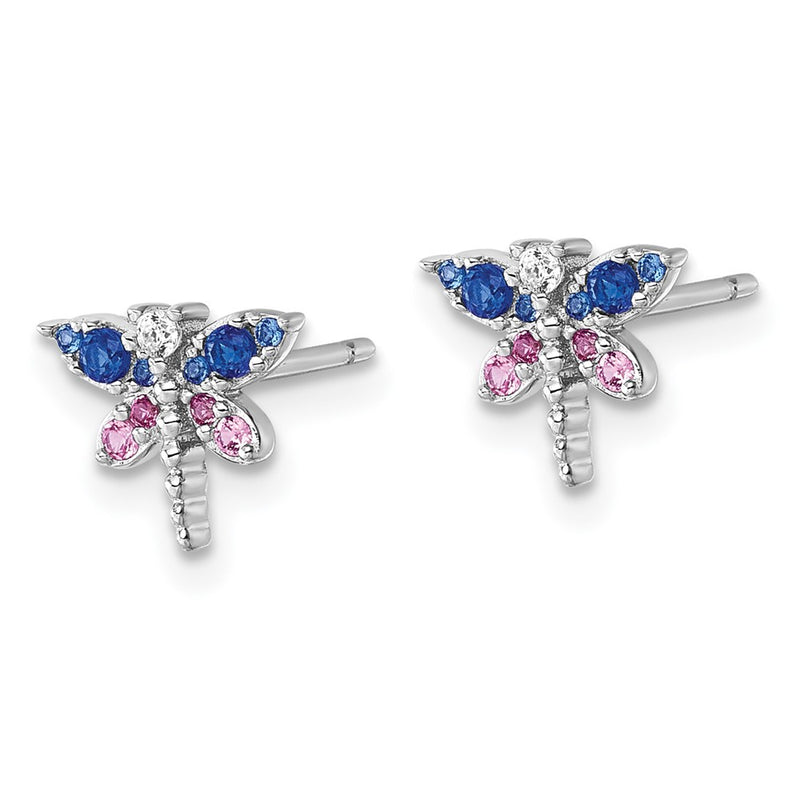Sterling Silver Rhod-Pl CZ Lab Cr Corundum & Blue Glass Dragonfly Earrings