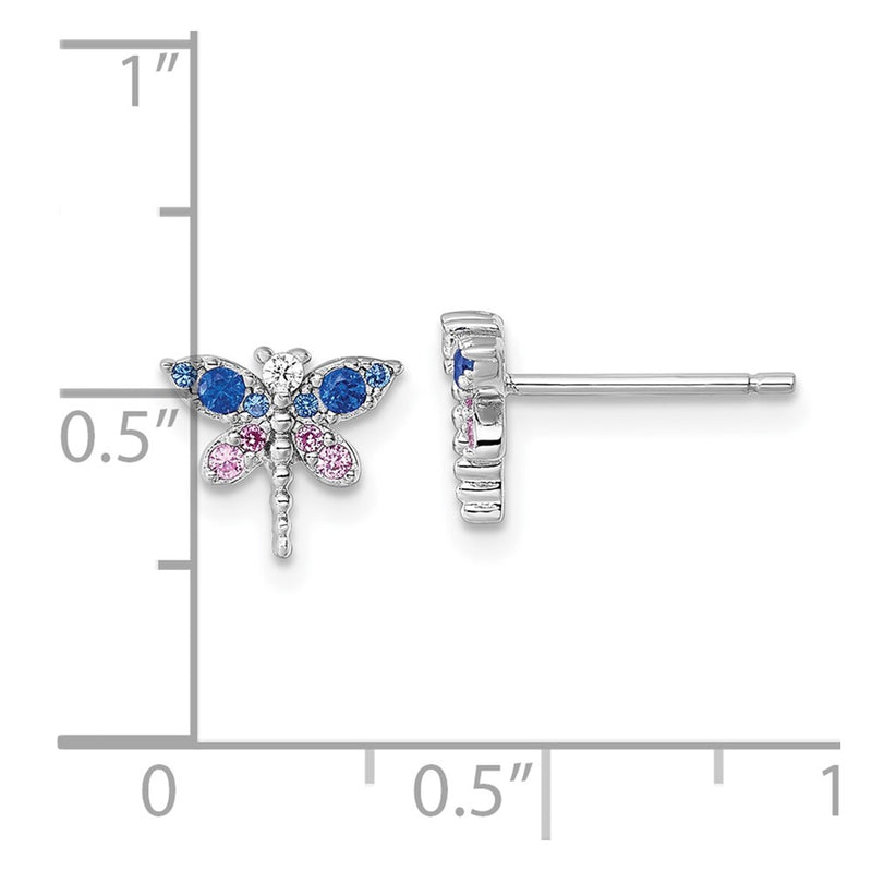 Sterling Silver Rhod-Pl CZ Lab Cr Corundum & Blue Glass Dragonfly Earrings