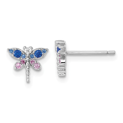 Sterling Silver Rhod-Pl CZ Lab Cr Corundum & Blue Glass Dragonfly Earrings