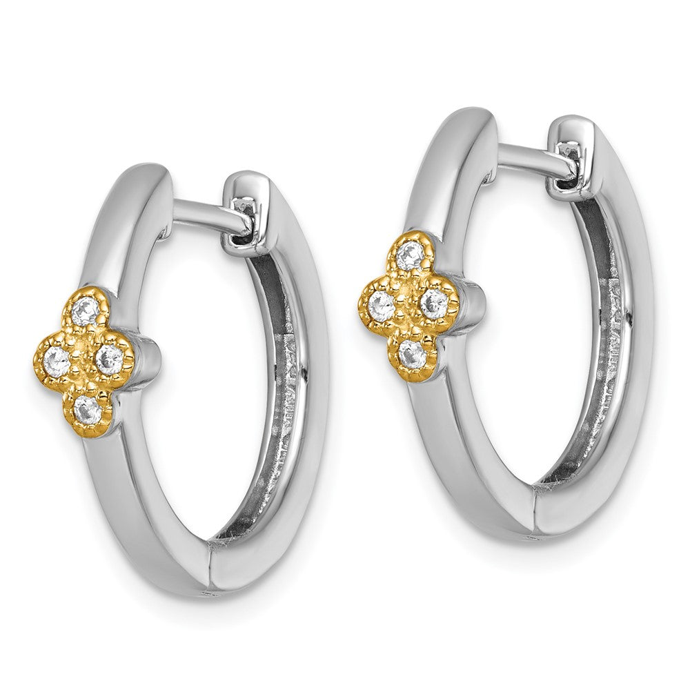 Sterling Silver Rh-Pl w/Silver/14K Two-Tone Accent Polished CZ Hinged Hoop Earrings
