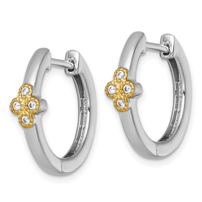 Sterling Silver Rh-Pl w/Silver/14K Two-Tone Accent Polished CZ Hinged Hoop Earrings