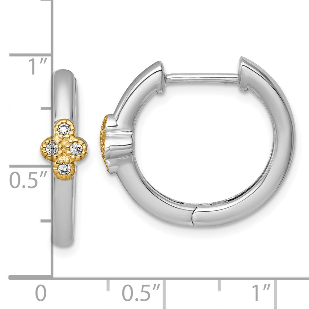 Sterling Silver Rh-Pl w/Silver/14K Two-Tone Accent Polished CZ Hinged Hoop Earrings