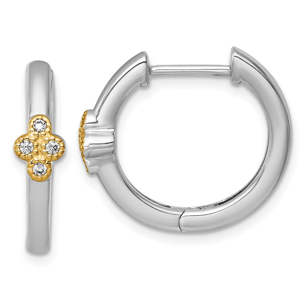 Sterling Silver Rh-Pl w/Silver/14K Two-Tone Accent Polished CZ Hinged Hoop Earrings