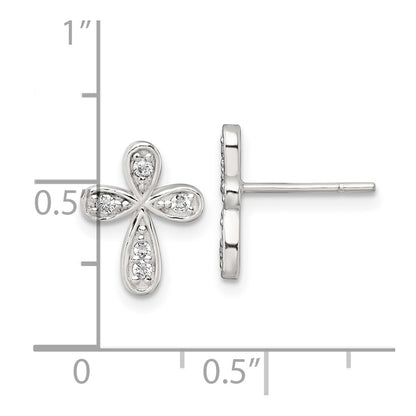 Sterling Silver Polished CZ Cross Post Earrings