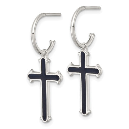 Sterling Silver Polished Black Enamel Cross Dangle Post C-Hoop Earrings