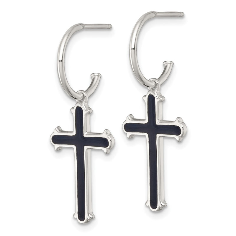 Sterling Silver Polished Black Enamel Cross Dangle Post C-Hoop Earrings