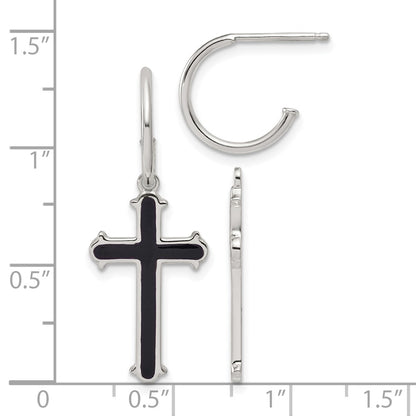 Sterling Silver Polished Black Enamel Cross Dangle Post C-Hoop Earrings