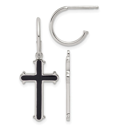 Sterling Silver Polished Black Enamel Cross Dangle Post C-Hoop Earrings
