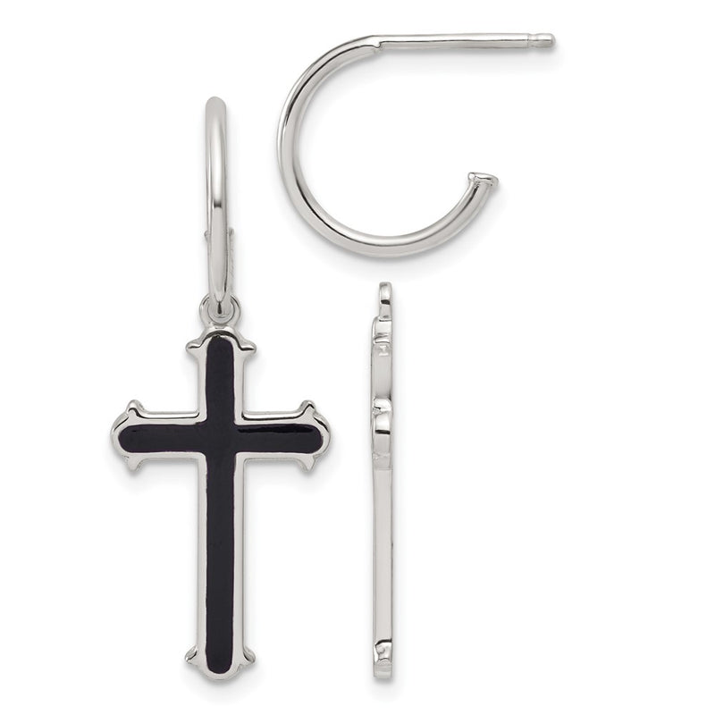 Sterling Silver Polished Black Enamel Cross Dangle Post C-Hoop Earrings