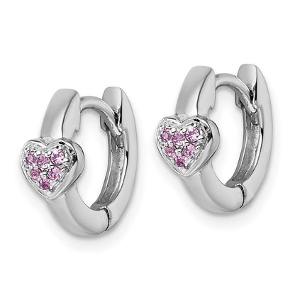 Sterling Silver Rhodium Plated Children's Pink CZ Heart Hoop Earrings