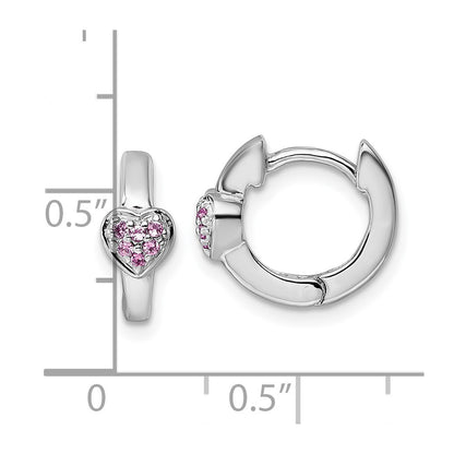 Sterling Silver Rhodium Plated Children's Pink CZ Heart Hoop Earrings