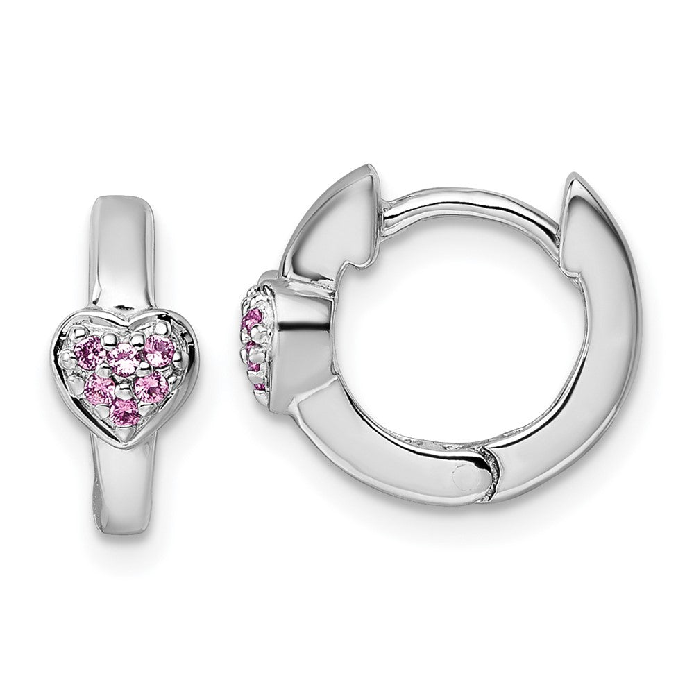 Sterling Silver Rhodium Plated Children's Pink CZ Heart Hoop Earrings
