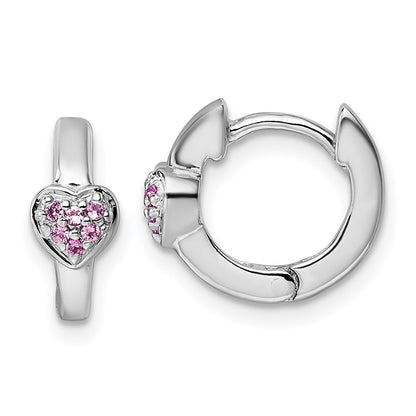 Sterling Silver Rhodium Plated Children's Pink CZ Heart Hoop Earrings