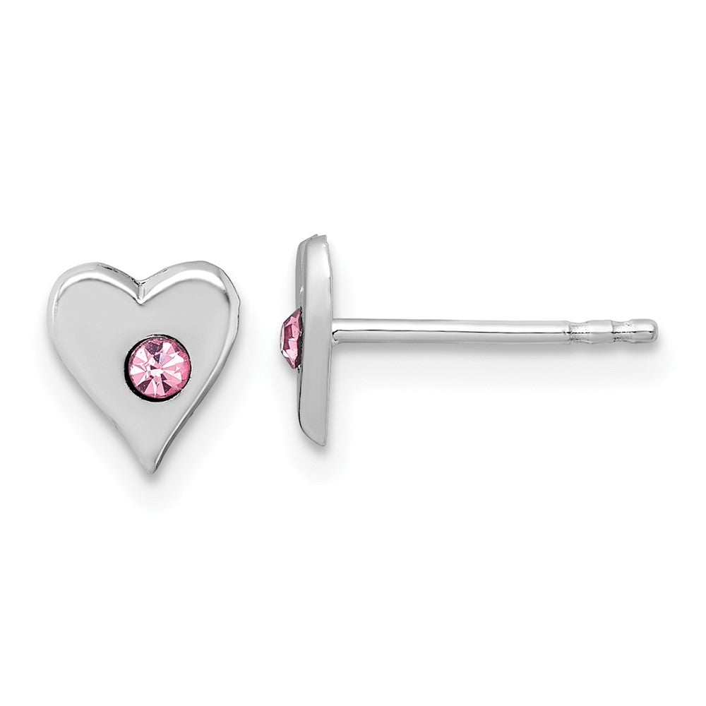Sterling Silver Madi K Rhodium Plated Pink Crystal Heart Children's Post Earring